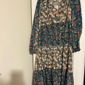 Umgee Teal and Floral Long Sleeve Dress